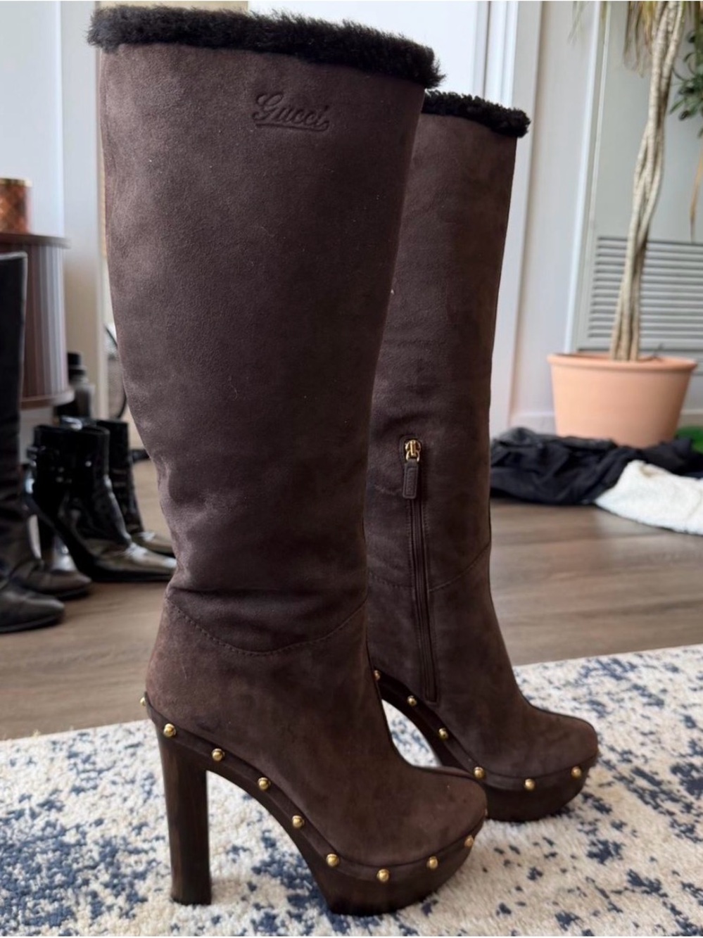 Gucci Dark Brown Suede Studded Knee Boots